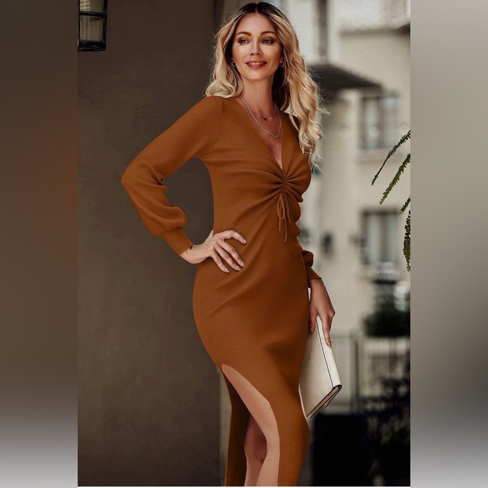 Rust Ribbed BodyCon Long Sleeve Dress Midi